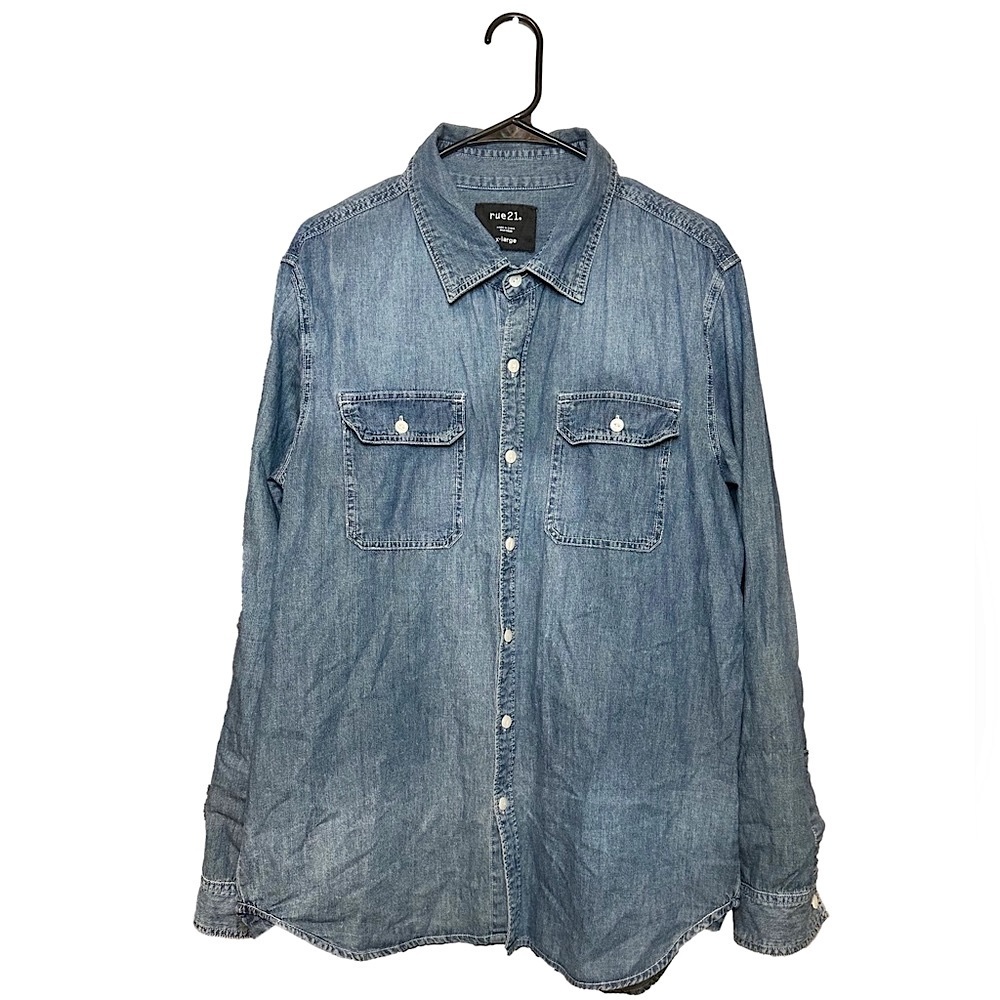 RUE21 Faux Denim Long Sleeve Button Up Shirt with Front Pockets